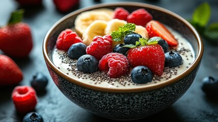 Healthy breakfast bowl with yogurt, berries, and banana