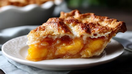 A slice of golden-brown peach pie served on a white plate