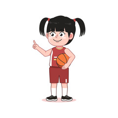 Chinese Cute Little Girl Cartoon Playing Basketball Pointing Up Finger