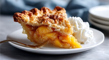 A slice of peach pie with a crumbly topping served on a plate with whipped cream.