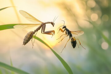 Praying mantis confronts wasp in midair, detailed insect interaction. AI-generated.