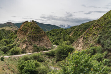 Mountain country road among green hills and snow-capped peaks in the distance.