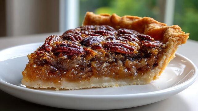 A slice of pecan pie served on a white plate, featuring a golden crust and rich, caramelized filling.