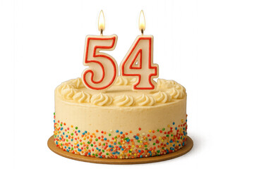 Birthday cake with candle and number 54  , isolated on transparent background.