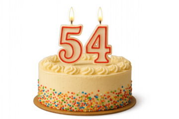 Birthday cake with candle and number 54  , isolated on transparent background.