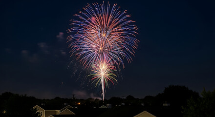 Spectacular Fireworks Display Illuminating Night Sky over Suburban Homes