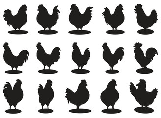 Collection of Rooster and Chicken Silhouettes in Black