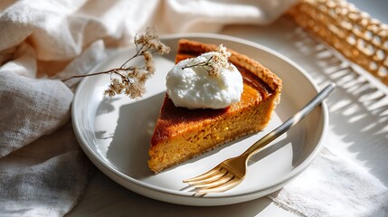 Slice of Pumpkin Pie Topped with Whipped Cream on a White Plate