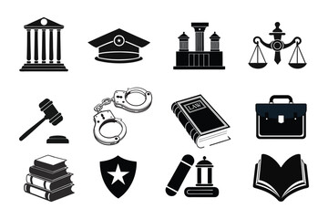 Law, Order, and Justice icon Silhouette Collection – Legal Symbols Vector Illustration