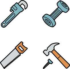 Repair toolkit icon set. Wrench, hammer, saw blade, pipe pliers and essential manual tools for quick fixes  