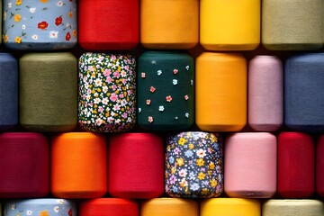 Colorful patterned jars arranged in a vibrant display