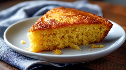 A slice of golden cornbread served on a white plate with a blue napkin underneath.
