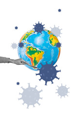 Poster photo vertical collage of human hand hold sharp knife globe earth icon bacterium illness virus spread pandemic environment