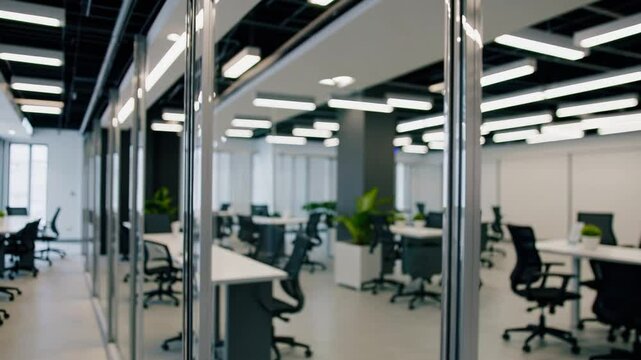Modern office space in a well-lit environment featuring collaborative work areas and ergonomic furniture
