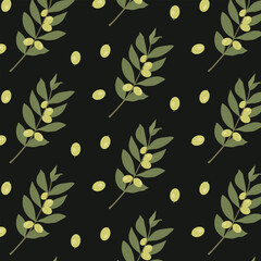 Olives and olive branch with  on a dark background. Handmade. Seamless vector pattern.