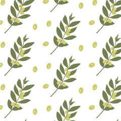 Olives and olive branch with fruits on a light background. Seamless vector pattern.