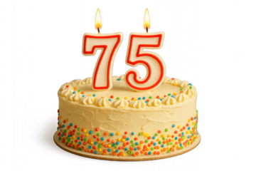 Birthday cake with number  75 candle isolated on transparent background.