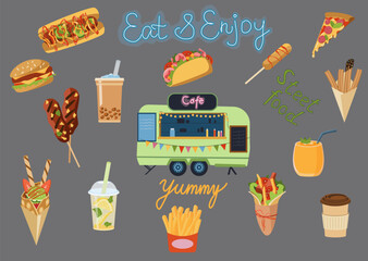 Street food set with various snacks, drinks, and a food truck in the center. Suitable for street food festivals. Dark grey background.