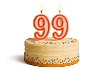 Birthday cake with number 99  candle, isolated on transparent background.