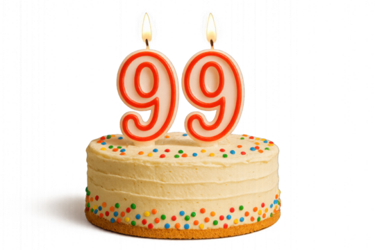 Birthday cake with number 99  candle, isolated on transparent background. - Powered by Adobe
