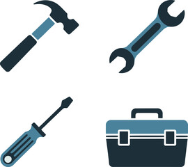 Manual tool combinations. Screwdriver, hammer, wrench, and compact box for daily construction maintenance  