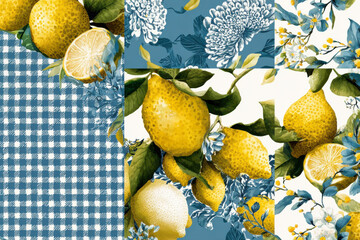 Seamless patchwork pattern with lemons, gingham, flowers and mosaic textures. Colorful citrus composition for textile, packaging and decor.