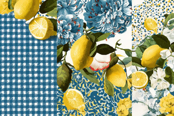 Seamless patchwork pattern with lemons, gingham, flowers and mosaic textures. Colorful citrus composition for textile, packaging and decor.