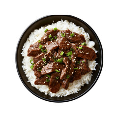 Delicious Beef Teriyaki with Steamed Rice in a Black Bowl