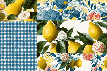 Seamless patchwork pattern with lemons, gingham, flowers and mosaic textures. Colorful citrus composition for textile, packaging and decor.