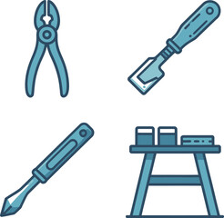 Cutting and measuring icons. Pliers, utility blade, screwdriver and workbench for precise construction work  