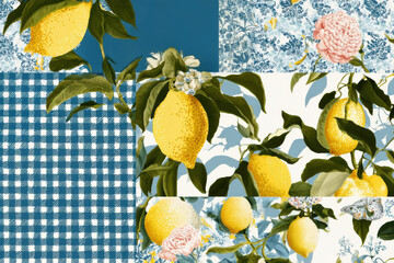 Seamless patchwork pattern with lemons, gingham, flowers and mosaic textures. Colorful citrus composition for textile, packaging and decor.