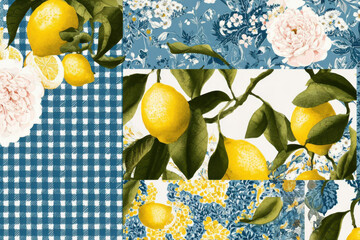 Seamless patchwork pattern with lemons, gingham, flowers and mosaic textures. Colorful citrus composition for textile, packaging and decor.