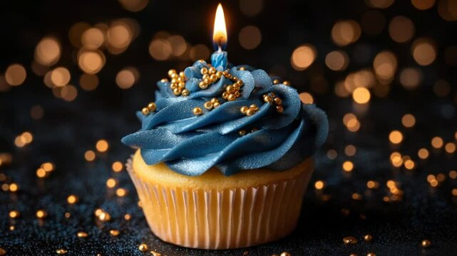 Blue cupcake with gold sprinkles and lit candle