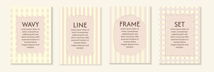 Set doodle hand drawn frames with wavy lines. Minimalist simple line art background. Trendy retro vintage whimsical  theme for wedding invitations, birthday card, prints. Vector illustration.