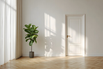 Fototapeta premium 室内の観葉植物と白いドア。ミニマルで落ち着いたインテリア空間