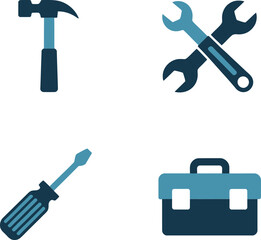 Toolbox and repair kit icons. Hammer, adjustable wrench, toolbox and workshop essentials for handyman tasks  