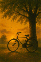 Fototapeta premium Vintage Bicycle Under Tree at Sunset - Atmospheric Digital Painting