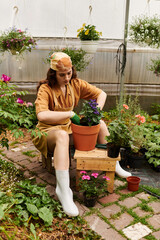 Young gardener nurturing plants in a vibrant greenhouse oasis