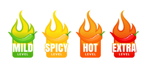 Chili Pepper Heat Level Icons – Mild to Extra Spicy Fire Labels
