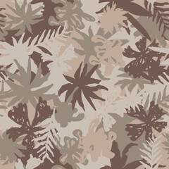Camouflage plant leaves, hand drawn seamless pattern. Ink texture with tree branches wallpaper. Camo with twig beige brown color. Vector background