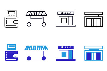 Store or shop solid line icon set. Shopping cart, Franchise, brand, consumer, trade mark, market, retail,   catering market, distribution, credit card symbols collection. Editable vector illustration