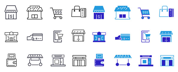 Store or shop solid line icon set. Shopping cart, Franchise, brand, consumer, trade mark, market, retail,   catering market, distribution, credit card symbols collection. Editable vector illustration