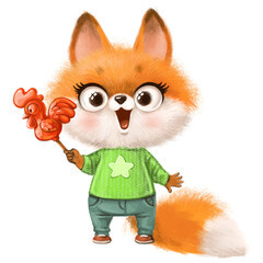 Cute orange fox in a green sweater holds a caramel cockerel on a stick