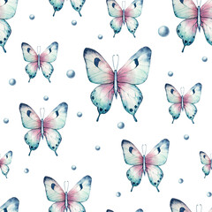 Seamless pattern with beautiful colorful butterflies. Watercolor hand drawn insect clipart isolated on background. Botanical and wedding illustration. Baby shower design elements. Party invitation