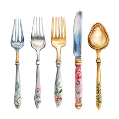 Cutlery Set With Hand-painted Handles, watercolor painting vector, high quality, isolated on a white background.