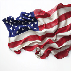 Realistic, flowing USA flag with detailed fabric texture and vibrant red, white, and blue colors. Patriotic, high-quality depiction ideal for national celebrations, branding, and editorial use.
