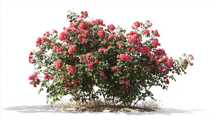 Dense rose bush covered in vibrant red-pink blooms and lush green foliage, isolated on white background. Ideal for gardening, floral, and romantic nature themes.