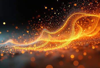 An abstract digital wave of flowing golden particles and light trails creates a dynamic and luxurious energy stream with sparkling bokeh on a dark background.
