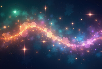 A magical winter background with a swirling stream of glowing orange and pink particles, sparkling stars, and bokeh snowflakes against a dark blue cosmic sky.
