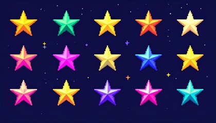 Obraz premium Pixel stars set on night sky background - colorful shining 8 bit shapes. Retro pixelated cosmic elements, gaming sprites for space adventures and arcade games. Minimalist nostalgic celestial assets.